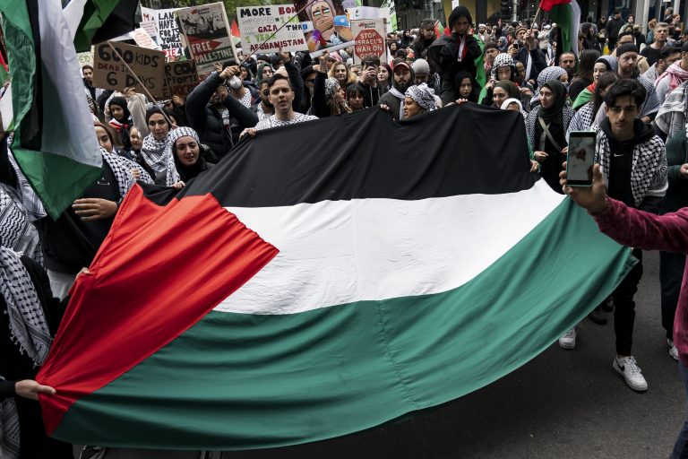 Manifestanti con la bandiera della Palestina srotolata. Il dibattito sul riconoscimento di uno Stato palestinese è tornato d'attualità.