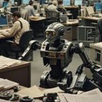 Un robot al lavoro in una redazione di un giornale. Si parla sempre più spesso di utilizzare l'IA generativa per la produzione delle notizie, tra gli scettici timorosi che questi porti ad un incremento della disinformazione online e i pragmatici che vedono l'intelligenza artificiale come un mezzo per combattere la crisi dei giornali.