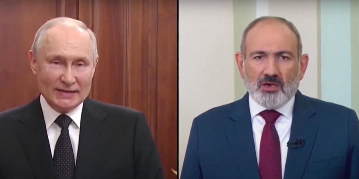 A sinistra, il presidente russo Putin, a destra il Primo Ministro dell'Armenia, Pashinyan.