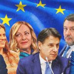 I volti di queste europee: Vannacci, Ilaria Salis, Giorgia Meloni, Giuseppe Conte, Matteo Salvini, Elly Schlein e sullo sfondo la bandiera dell'Unione Europea blu con le stelle