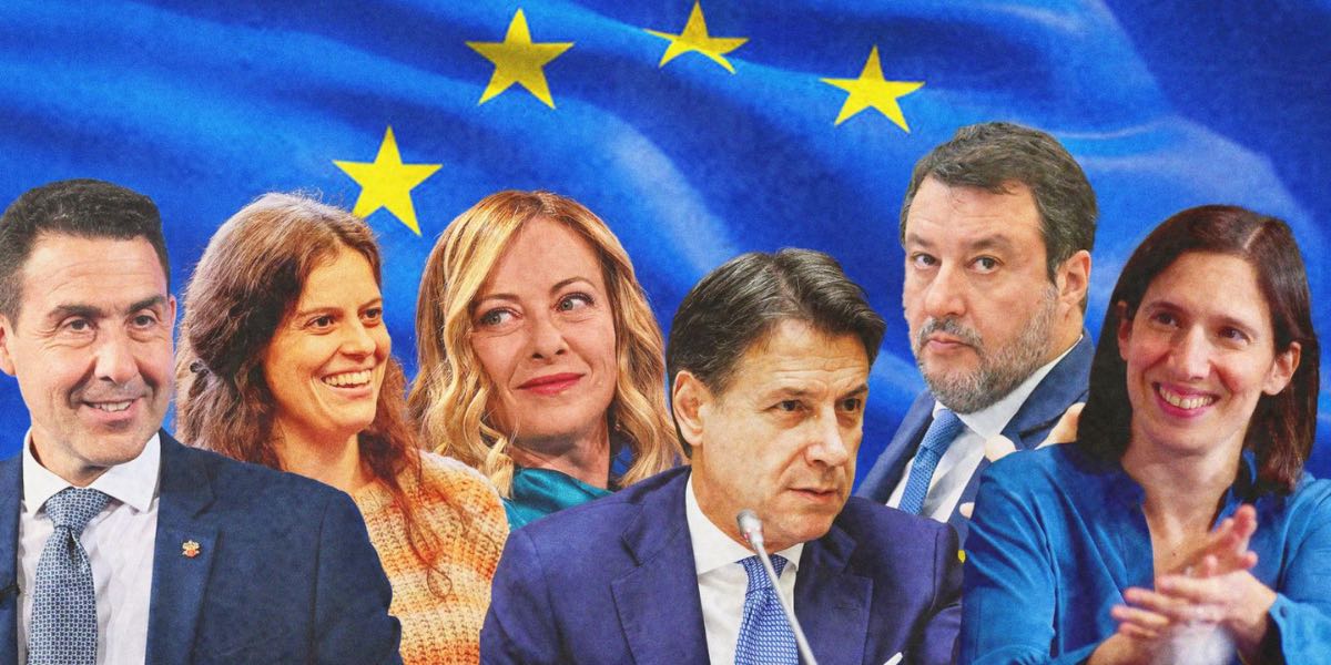 I volti di queste europee: Vannacci, Ilaria Salis, Giorgia Meloni, Giuseppe Conte, Matteo Salvini, Elly Schlein e sullo sfondo la bandiera dell'Unione Europea blu con le stelle