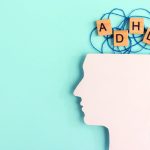 Il profilo di un volto umano aperto dall'alto e sopra dei fili intrecciati con la scritta ADHD