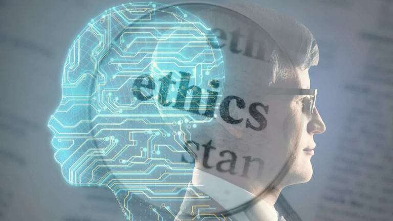 La testa di un robot che richiama l'intelligenza artificiale viene sovrapposta al volto di un uomo e sopra c'è la scritta "ethics"