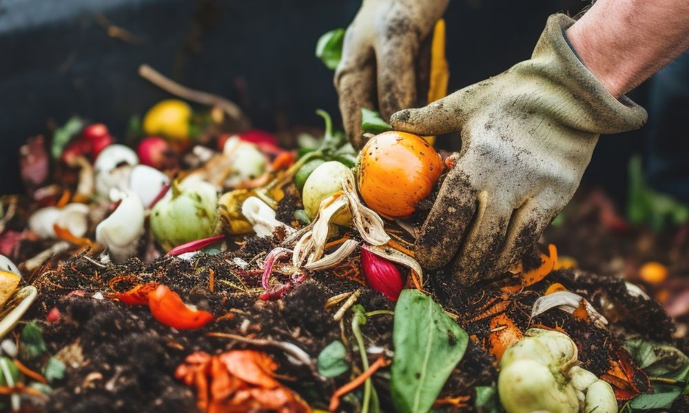 Due mani dentro dei guanti recuperano del cibo buttato nell'immondizia. Lo spreco alimentare è un problema globale dei nostri tempi