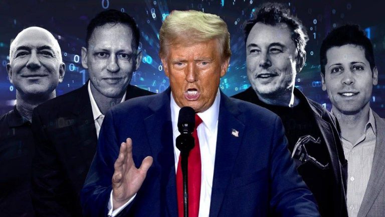 Donald Trump e sullo sfondo Musk, Bezos e Thiel