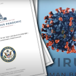 L'immagine del rapporto della Commissione USA sull'origine del Covid-19 e quella del virus.