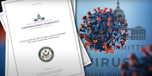 L'immagine del rapporto della Commissione USA sull'origine del Covid-19 e quella del virus.