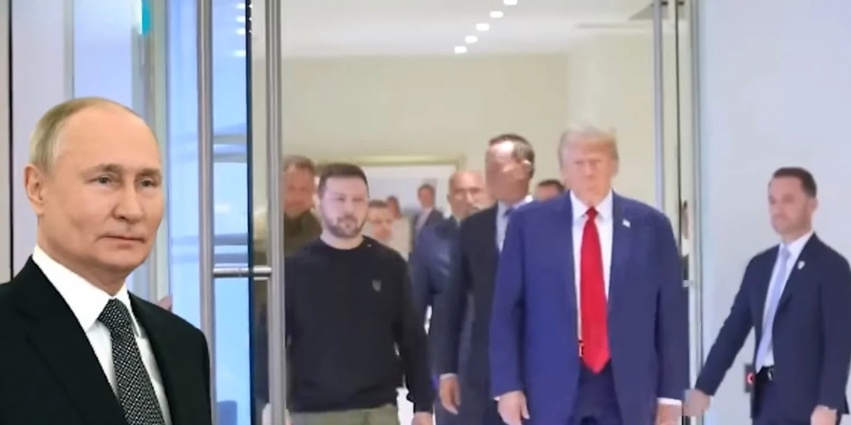 Putin in primo piano, sullo sfondo si vedono Trump e Zelensky camminare.