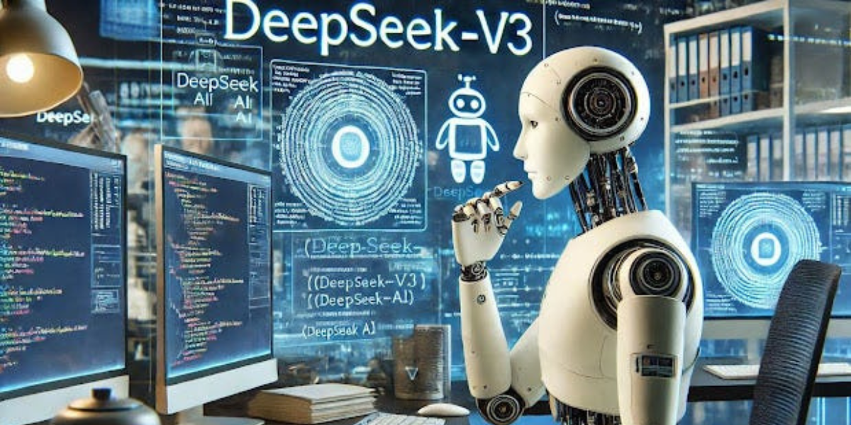 Un robot al computer con sopra la scritta DeepSeek v3