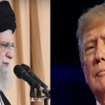 L'ayatollah Khamenei al microfono, in un riquadro, e il presidente USA Donald Trump, nell'altro riquadro.