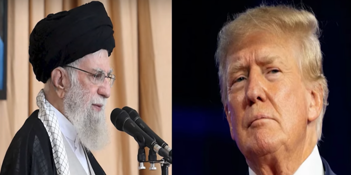 L'ayatollah Khamenei al microfono, in un riquadro, e il presidente USA Donald Trump, nell'altro riquadro.