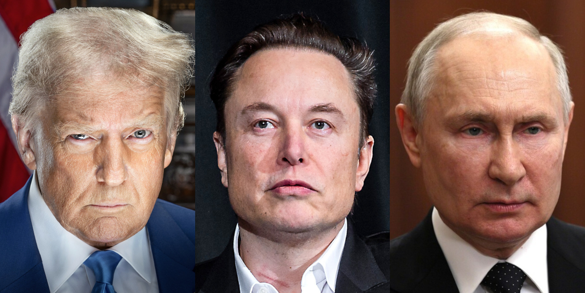 Da sinistra verso destra: il presidente degli Stati Uniti, Donald Trump, il magnate Elon Musk, il presidente russo, Vladimir Putin