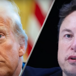 In due riquadri separati da una striscia in diagonale: Donald Trump ed Elon Musk