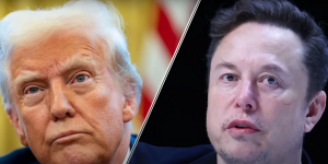 In due riquadri separati da una striscia in diagonale: Donald Trump ed Elon Musk