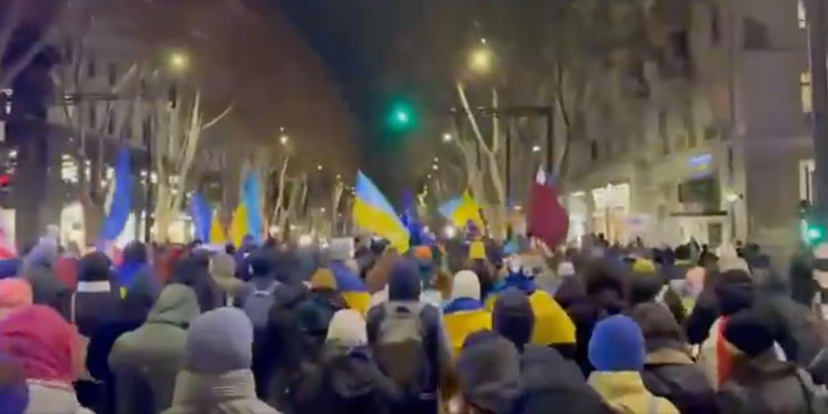 Una manifestazione in Georgia contro il governo in occasione del terzo anno dell'inizio dell'invasione russa in Ucraina.