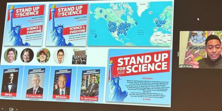 Jp Flores, uno degli organizzatori di Stand Up for Science, presenta in video conferenza l'iniziativa per la difesa della scienza negli Stati Uniti dai tagli di Trump.