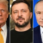 Nella foto il presidente USA Trump, il presidente dell'Ucraina Zelensky e il presidente russo Putin