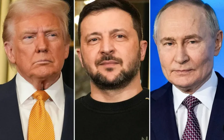 Nella foto il presidente USA Trump, il presidente dell'Ucraina Zelensky e il presidente russo Putin